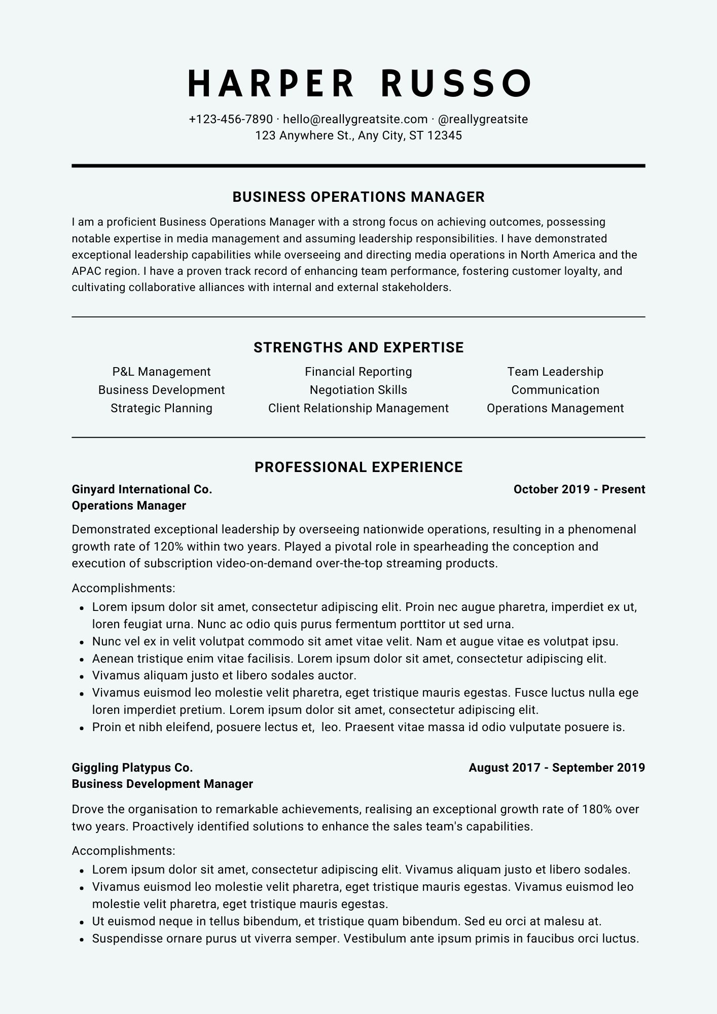 Business Operations Manager CV Template