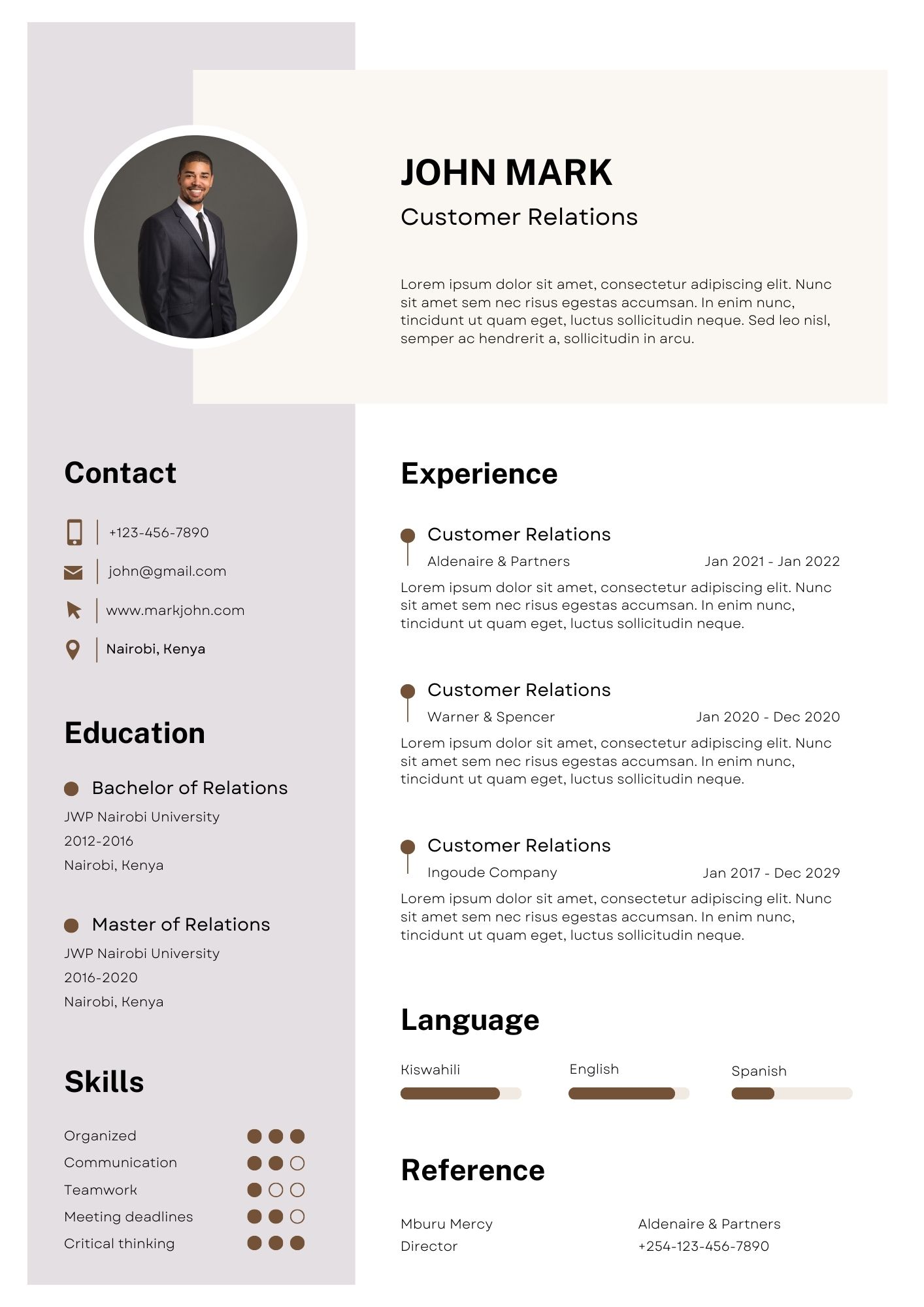 Customer Relations CV Template