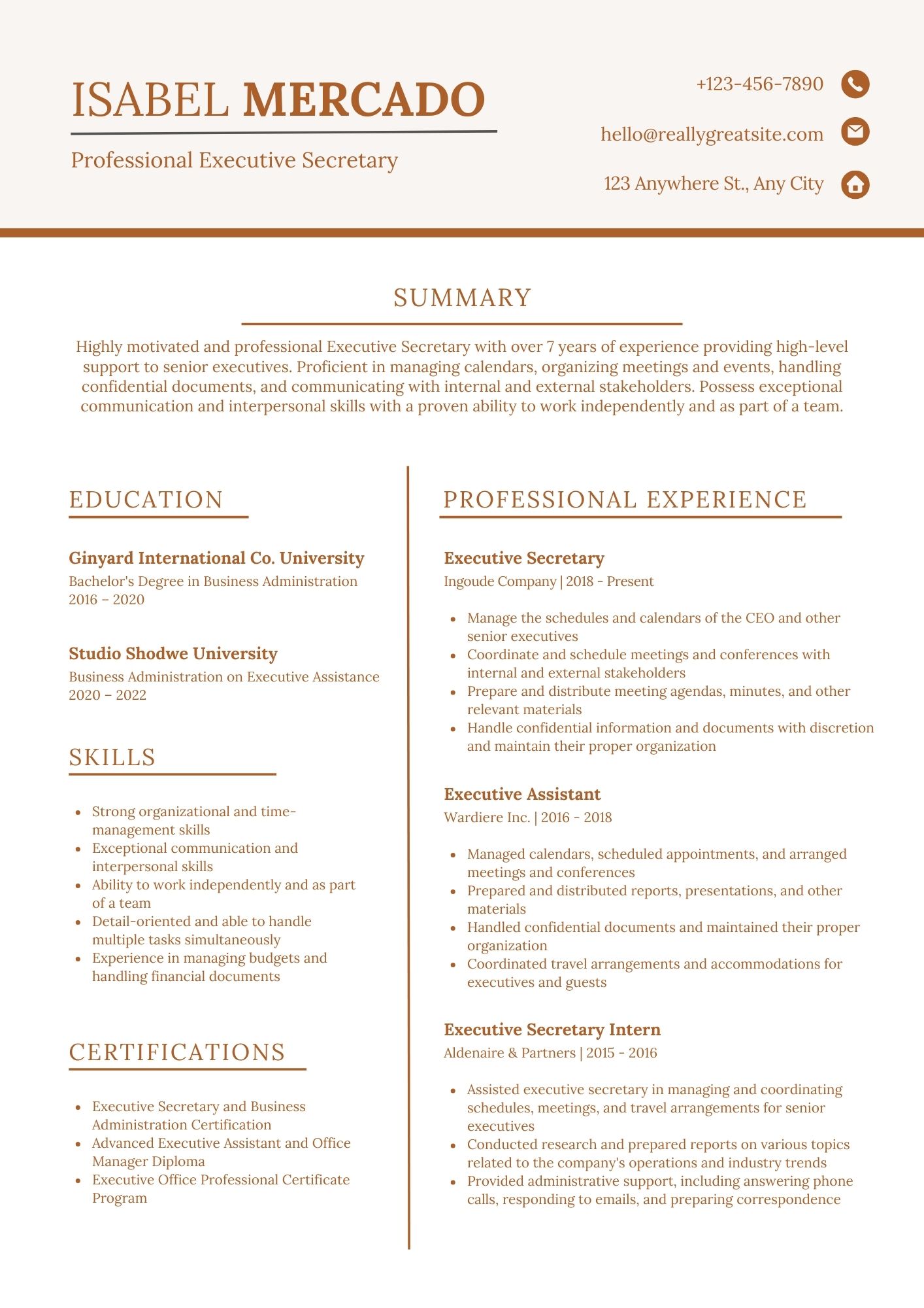 Professional Executive Secretary CV Template